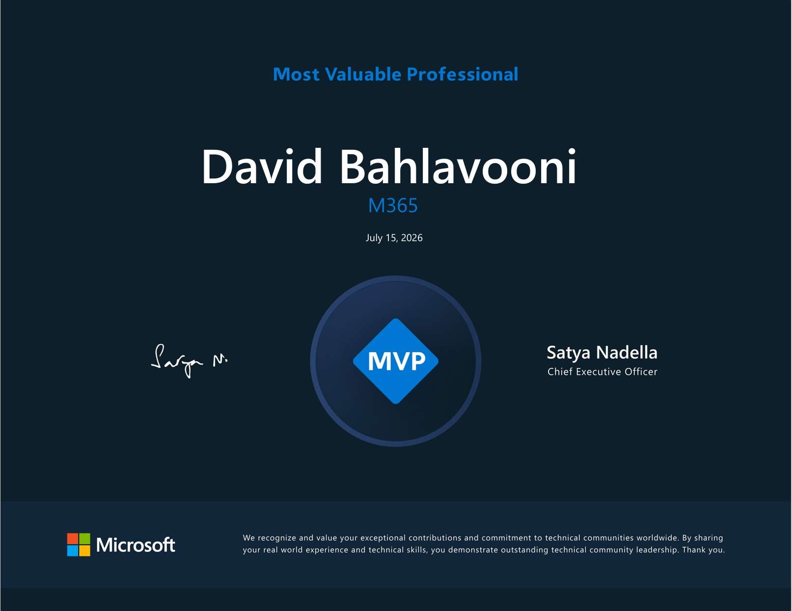 MVP Certificate for David Bahlavooni