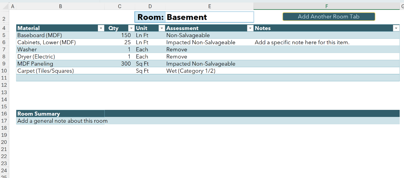 Excel room input sheet listing basement materials, quantities, and damage assessments, with an Add Room button