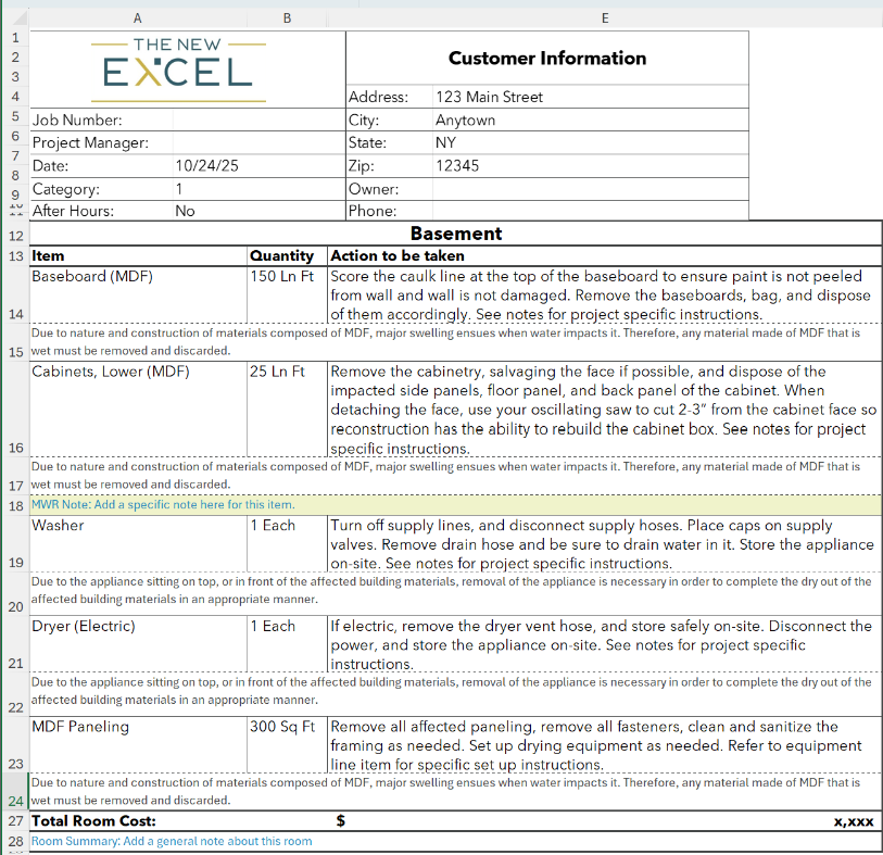 Auto-generated Excel assessment report with customer details and room-by-room items, quantities, and actions