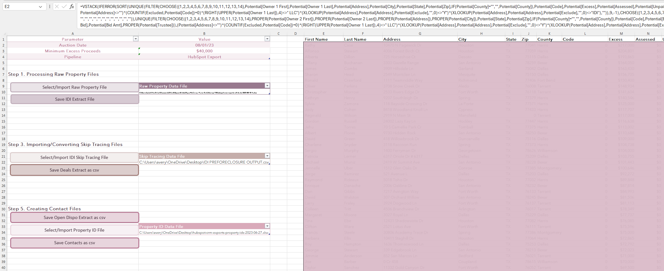 Real Estate Lead Processing: Excel control panel with import and export buttons beside a formula-driven workspace