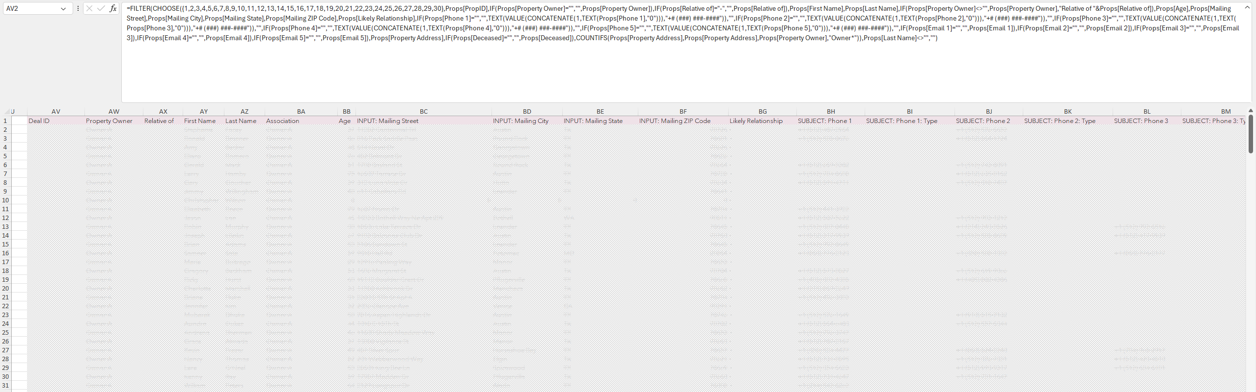 Excel export file of property owner contacts, built by a single FILTER formula shown in the formula bar